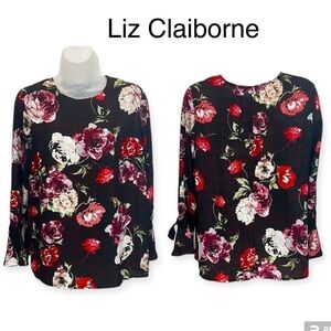 Liz Claiborne Floral Tunic Top Women's Black Maroon Ruffle Long Sleeve Size PM